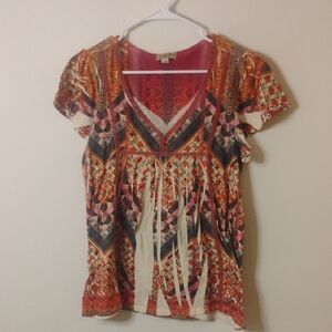 ONE WORLD Orange Red Boho V-Neck Short Sleeve Blouse Medium